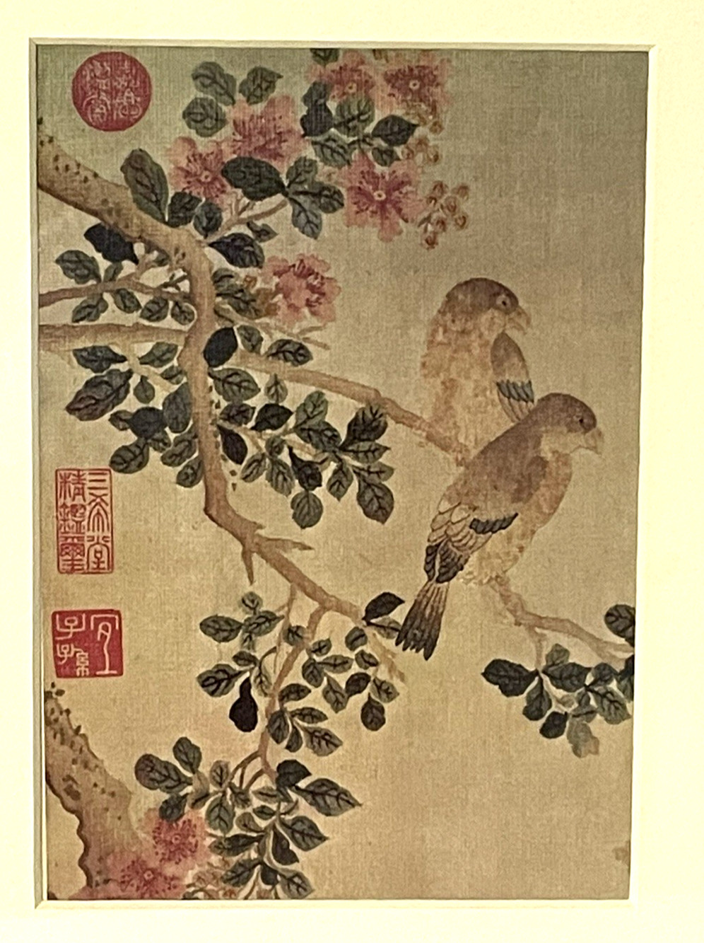Vintage Chinese Bird and Blossom Painting Framed 4.5x6.5 Art with Seals